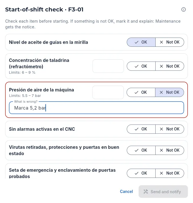 F3-01's start-of-shift check, with one item not OK (not sent).