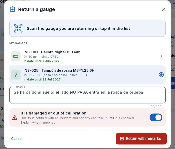 Returning a damaged gauge (not confirmed).