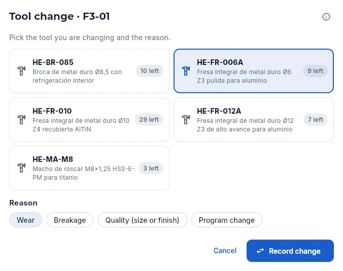 Tool change on F3-01 (not recorded).