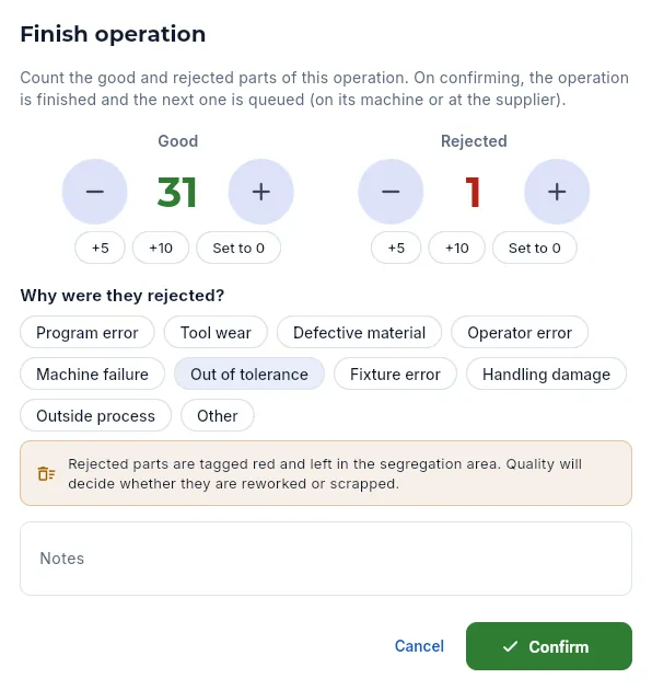 «Finish operation» with one rejected part (not confirmed).