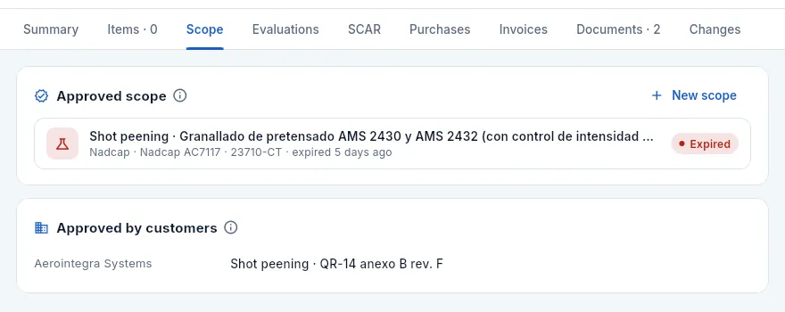 The «Scope» tab of Granallados de Precisión: its shot peening Nadcap has expired.