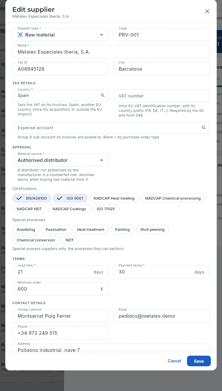 Editing a supplier (not saved).