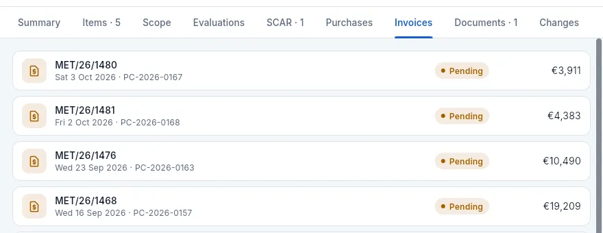 The «Invoices» tab: the supplier's invoices with their order and payment status.