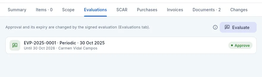 The «Evaluations» tab of Granallados de Precisión: its approval expires this month.