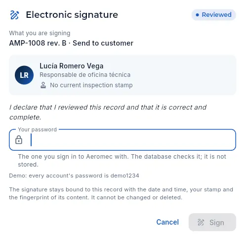 Lucía, from engineering, signs the sending of AMP-1008 rev. B to the customer (not signed).