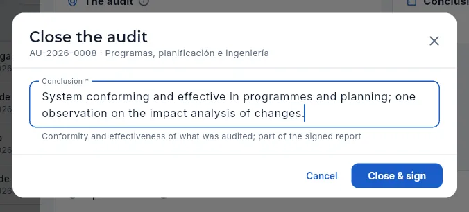 Close the audit (not signed).