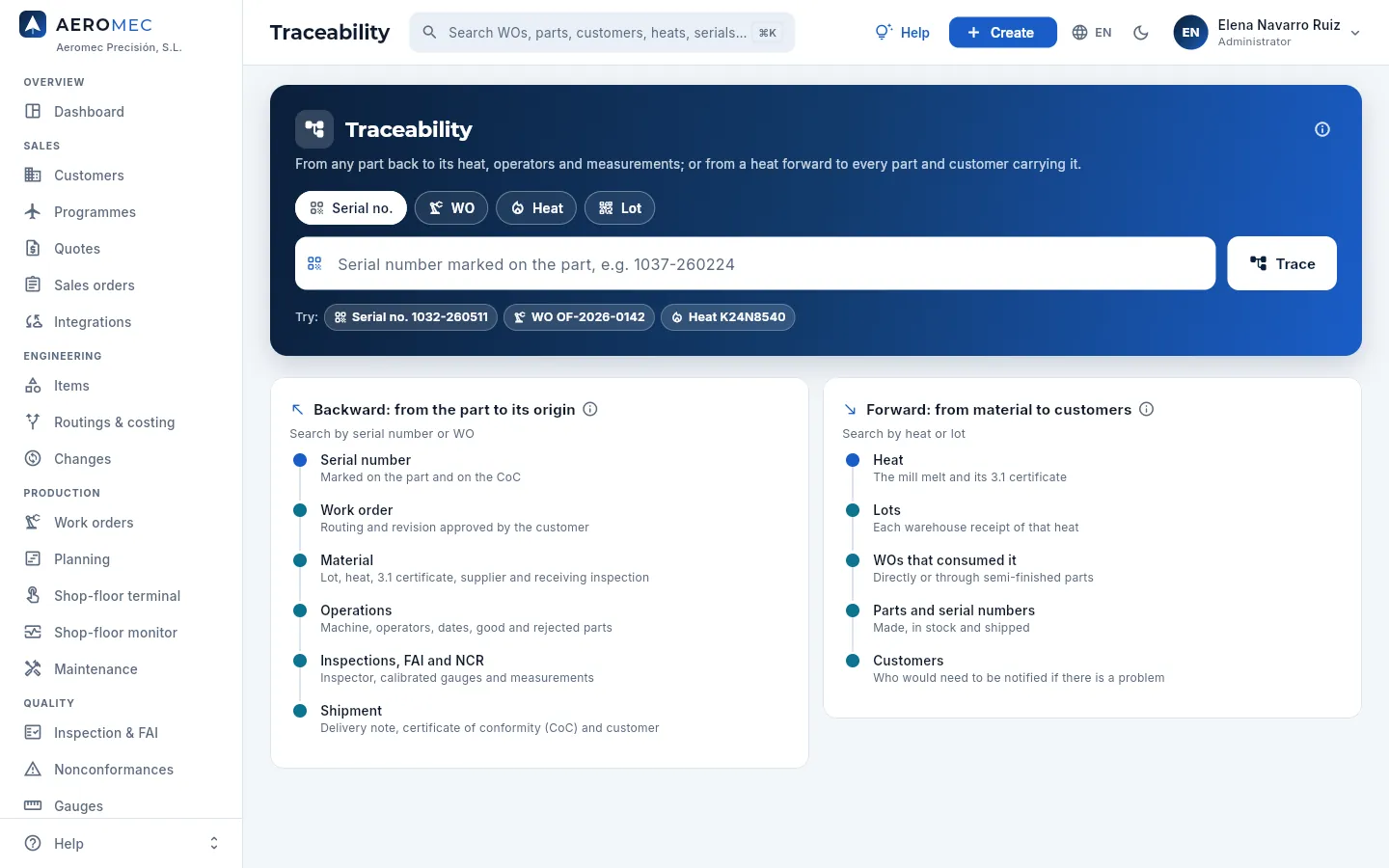 Traceability before searching: the search type, the field, the examples and the two directions.