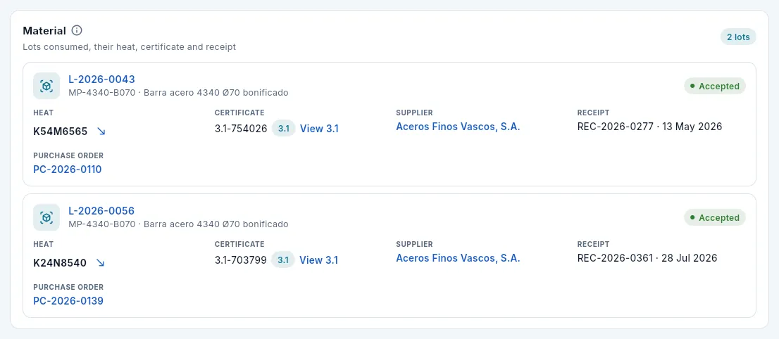 Second link: the material, with its heat, its 3.1 certificate and its receipt.