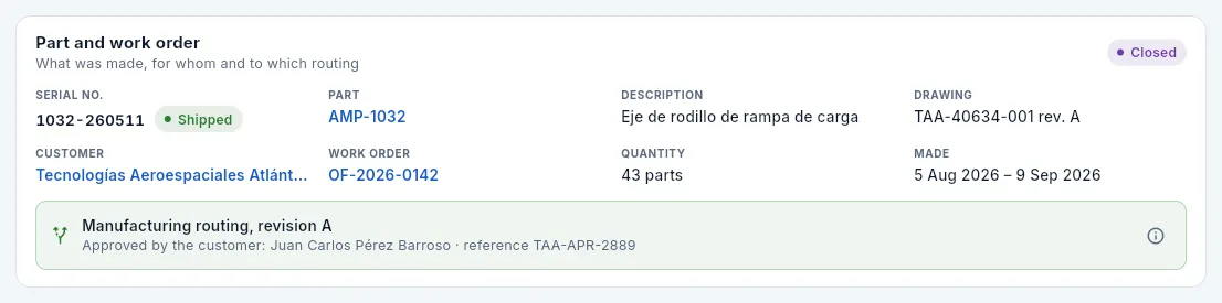 First link: the part and its work order, with the routing approved by the customer.