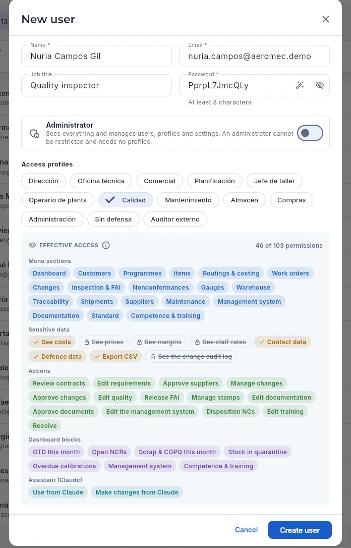 Adding an inspector with the Calidad (quality) profile: the Effective access box shows what she will be able to see and do.