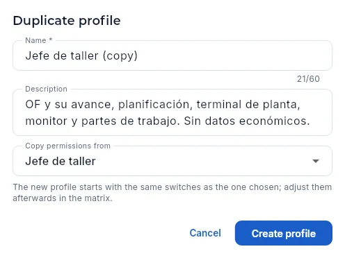 Duplicating the Jefe de taller profile.