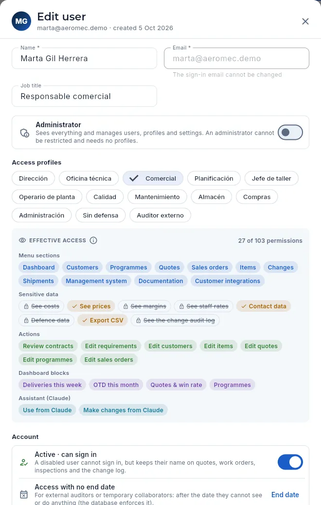 The record of Marta Gil Herrera, sales manager: her profile, what she sees and her account.