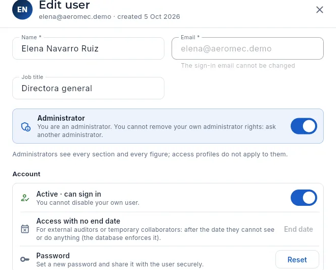 Your own administrator record: you cannot remove your own administrator rights or disable yourself.