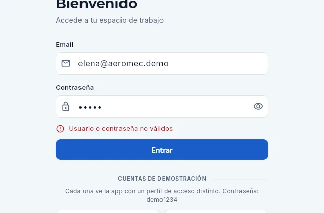 Si el email o la contraseña no son correctos, Aeromec lo dice debajo del formulario.