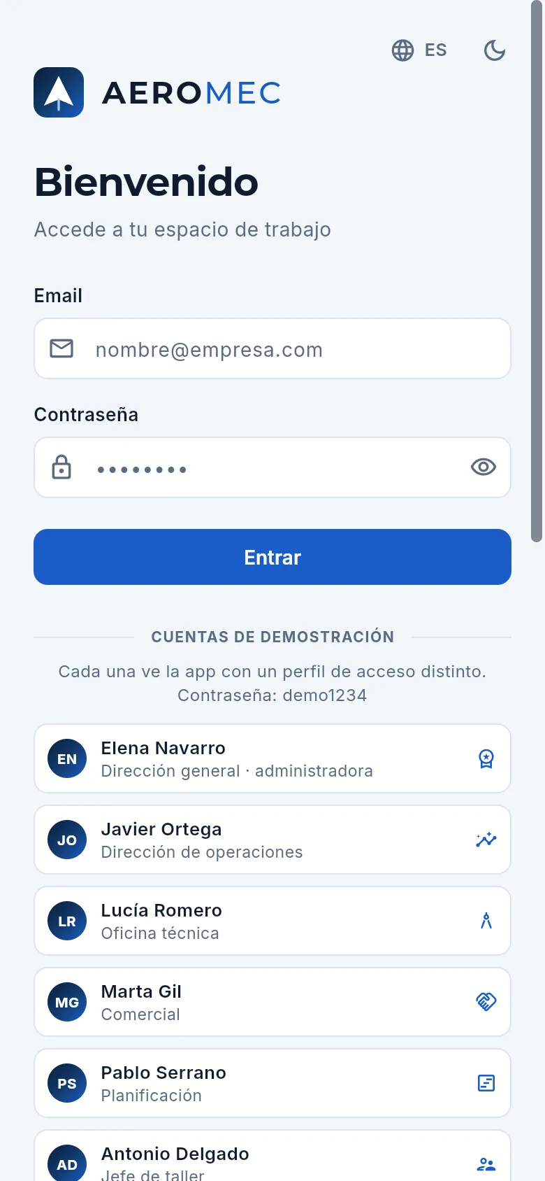 La pantalla de acceso en un móvil: el formulario y, debajo, las cuentas de demostración.