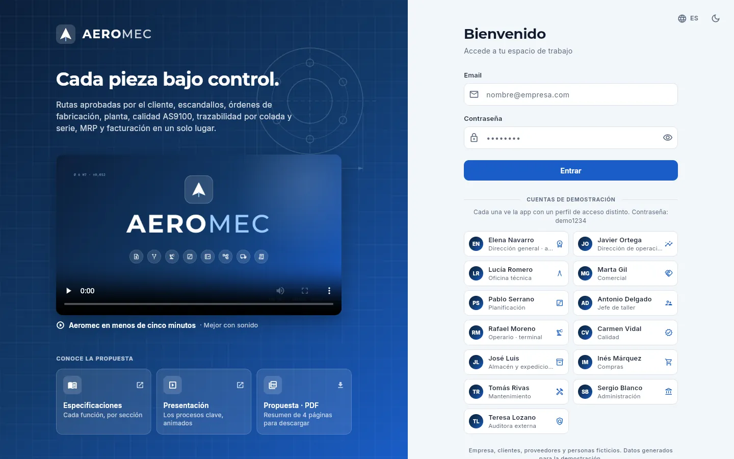 La pantalla de acceso en un ordenador: a la izquierda, la presentación de Aeromec con su vídeo; a la derecha, el formulario para entrar.