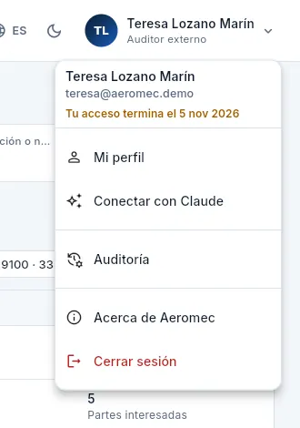El menú de Teresa, la auditora externa de la demo: su acceso termina en una fecha.