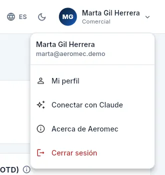 El menú de Marta (perfil «Comercial»): sin Usuarios, Configuración ni Auditoría.