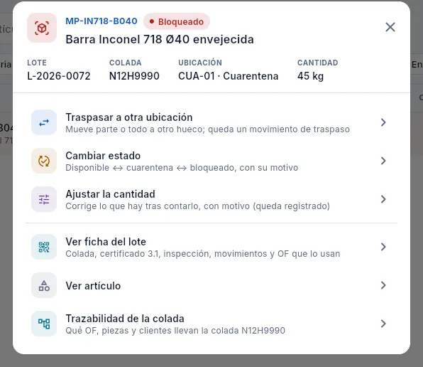 Las acciones sobre un registro de stock: aquí, la barra de Inconel 718 rechazada en la recepción.