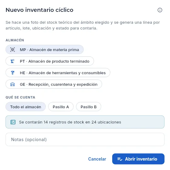 Abrir un inventario cíclico: se elige el almacén y qué se cuenta (sin confirmar).