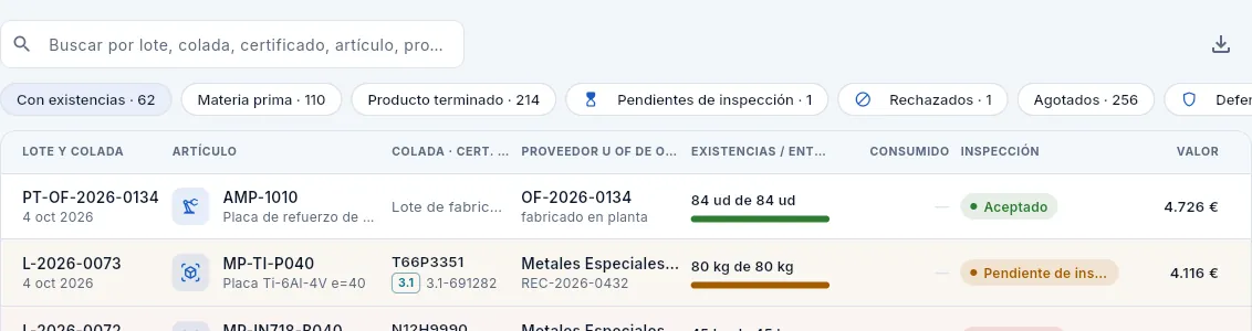 Las columnas de la vista Lotes: arriba, los lotes más recientes.