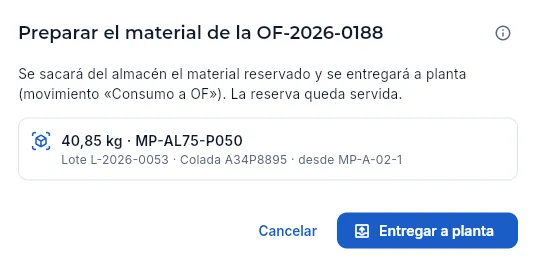 Preparar el material de una OF: lote, colada y hueco de los que sale (sin confirmar).