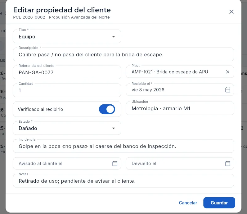 La ficha del calibre dañado de Propulsión Avanzada del Norte (sin guardar).