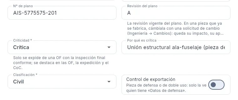 Criticidad, motivo y revisión del plano en el formulario de AMP-1015 (sin guardar).