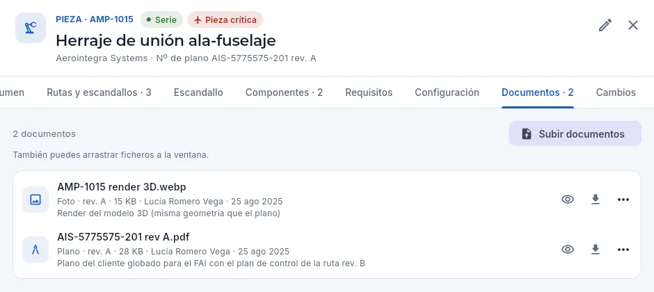 Los documentos de AMP-1015: la foto de la pieza y el plano del cliente globado para el FAI.