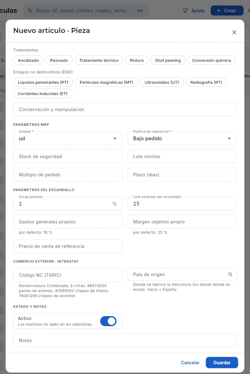 La parte de abajo: tratamientos, conservación, MRP, escandallo y comercio exterior (sin guardar).