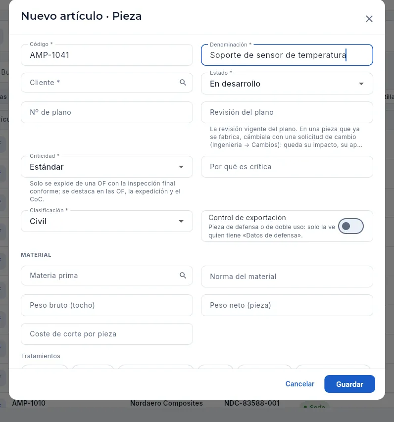 Nuevo artículo · Pieza: identificación y material (sin guardar).