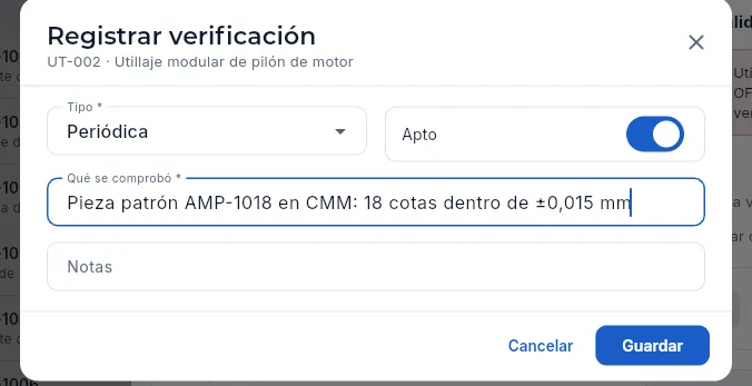 «Registrar verificación» del UT-002 (sin guardar ni firmar).