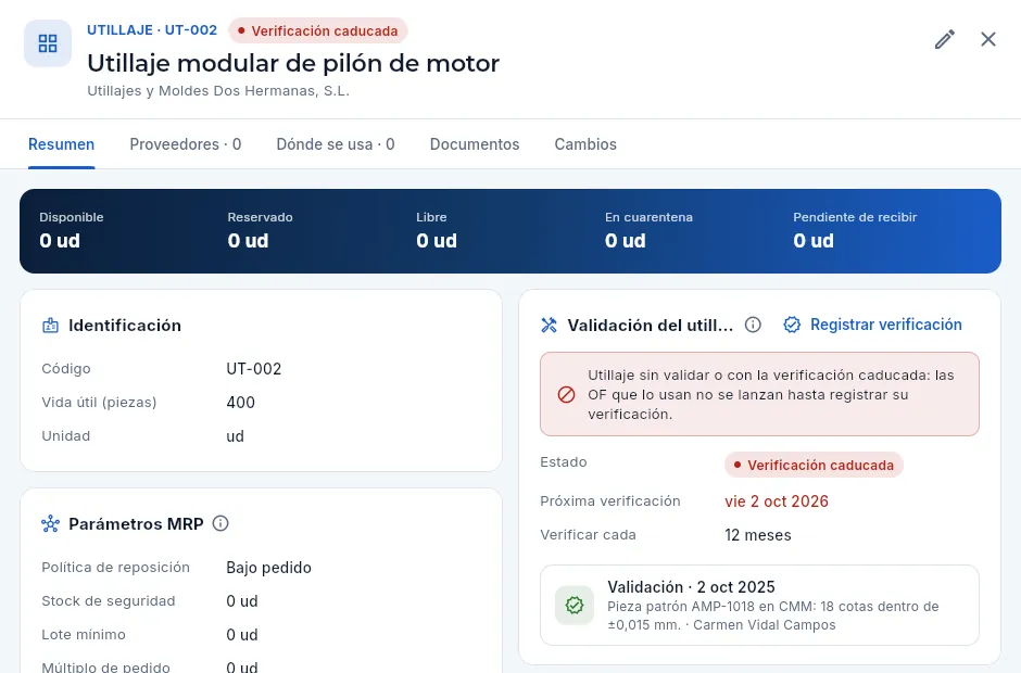 El utillaje UT-002, con la verificación caducada: la OF-2026-0201 de AMP-1018 no se puede lanzar.