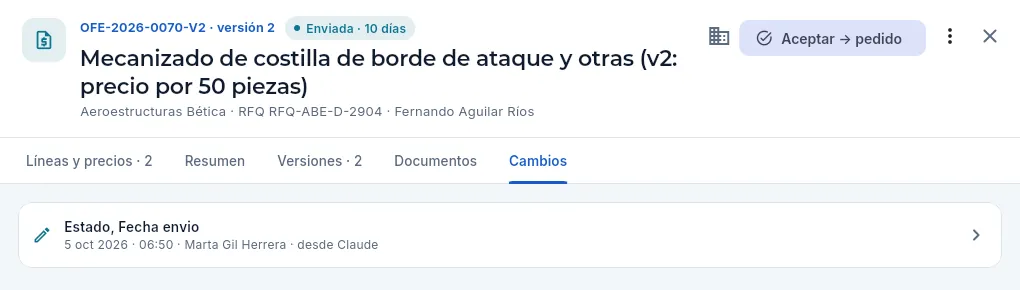 La pestaña Cambios de una oferta: los suyos, lo más reciente arriba.