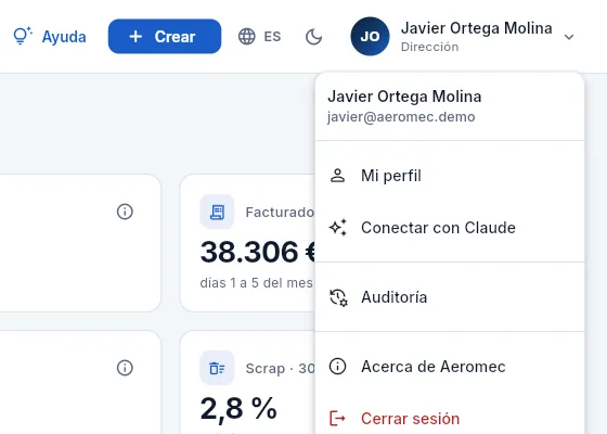 El menú de usuario de Javier Ortega (Dirección): tiene la auditoría, pero no Usuarios ni Configuración.