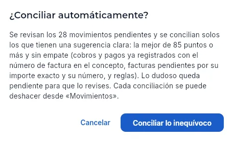Antes de conciliar automáticamente, Aeromec explica qué va a hacer (no se ejecuta).
