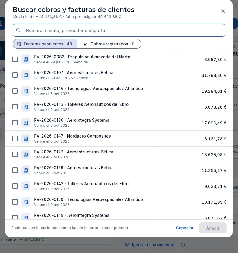 Buscar cobros y facturas para la transferencia que paga varias facturas.