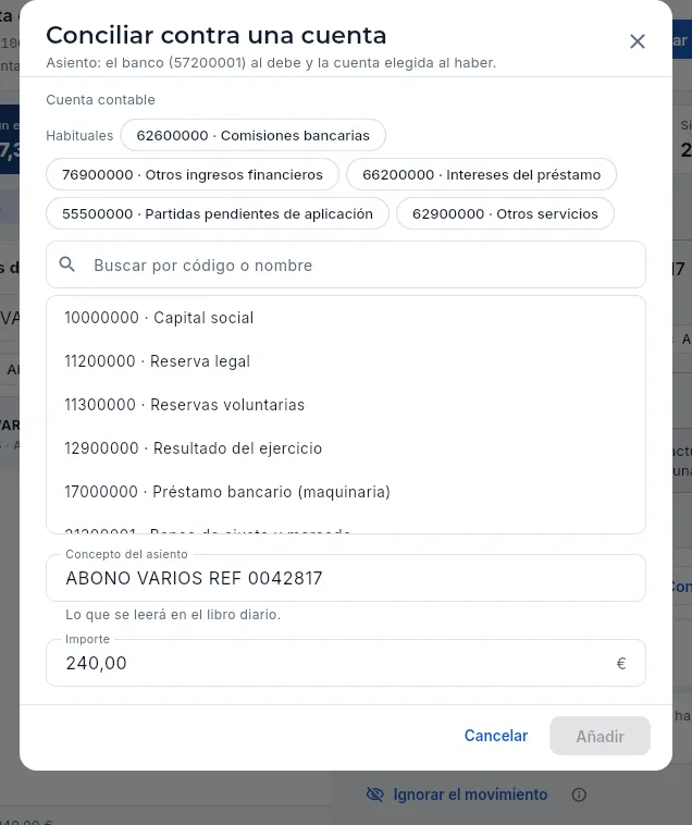 Llevar el abono de 240 € contra una cuenta contable.