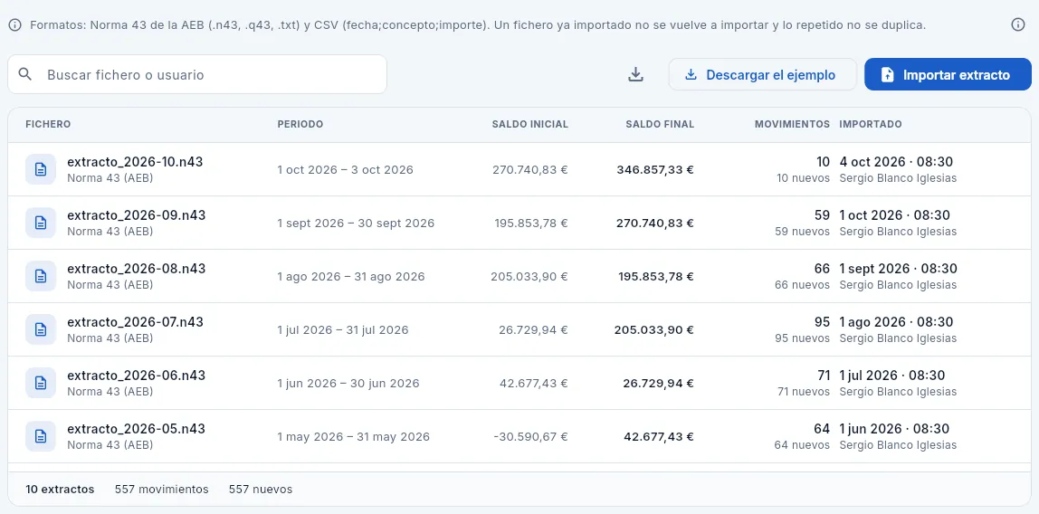 Extractos: los ficheros importados de la cuenta, del más reciente al más antiguo.