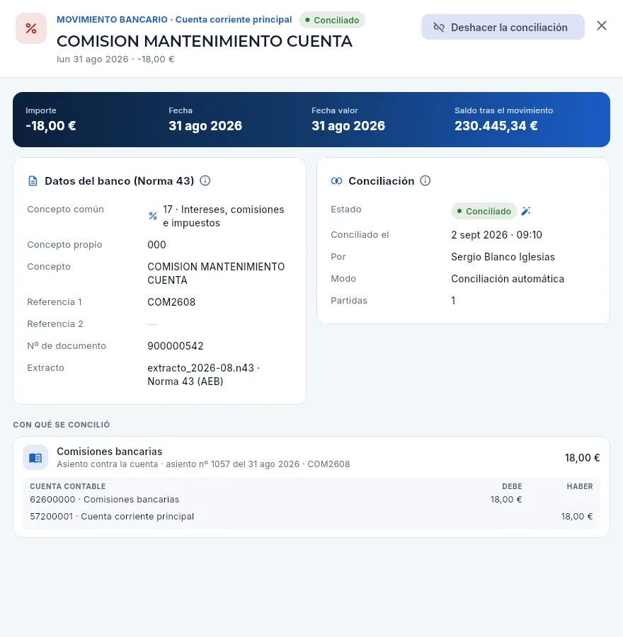Ficha de una comisión conciliada automáticamente por su regla.