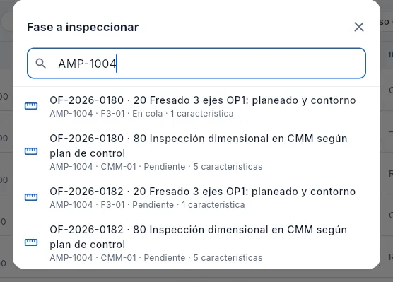 Elegir la fase que se inspecciona, buscando la pieza AMP-1004.