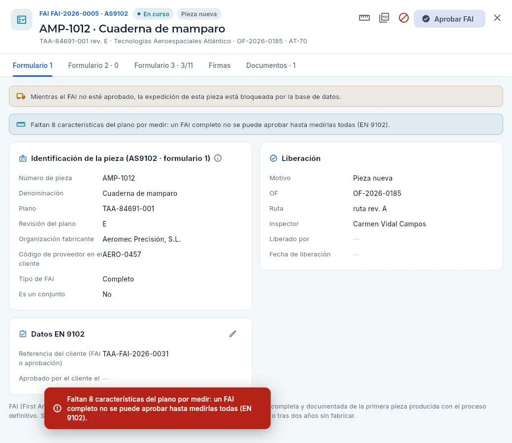 Aprobar el FAI completo de AMP-1012 con características sin medir: Aeromec avisa de cuántas faltan y no lo aprueba.