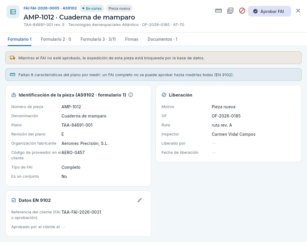 El FAI de la pieza nueva AMP-1012 (Cuaderna de mamparo), en curso: formulario 1, liberación y datos EN 9102.