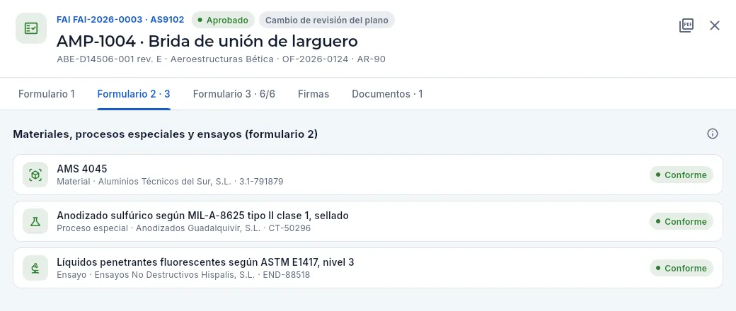 Formulario 2 de un FAI aprobado: el material, un proceso especial y un ensayo, cada uno con su proveedor y su certificado.