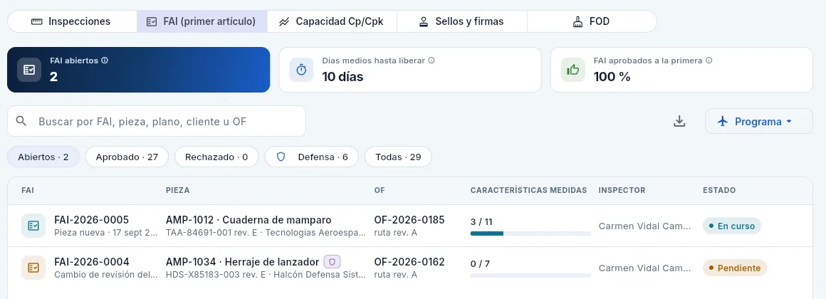 La vista FAI con los FAI abiertos: uno por un cambio de revisión del plano y otro de una pieza nueva.