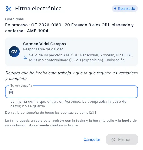 La firma de una inspección en proceso: el diálogo que sale al pulsar Registrar (sin firmar).