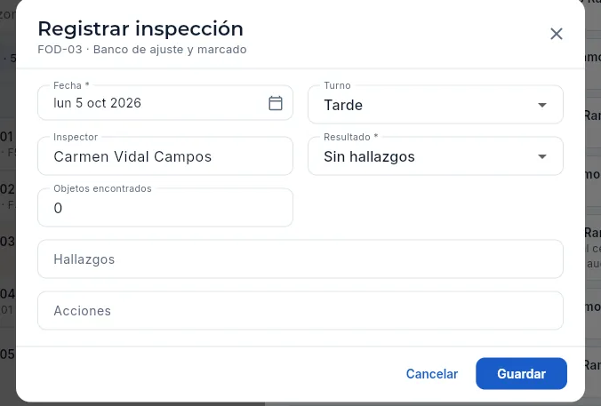 Registrar la inspección FOD del banco de ajuste (sin guardar).