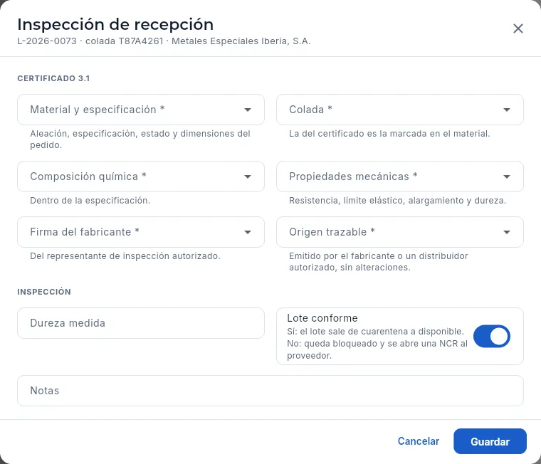 La inspección de recepción de un lote de placa de titanio: el certificado 3.1 punto por punto y la decisión (sin guardar).