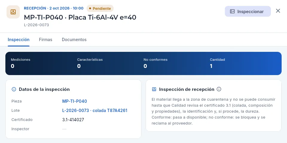 Una inspección de recepción pendiente: una placa de titanio con su colada y su certificado.