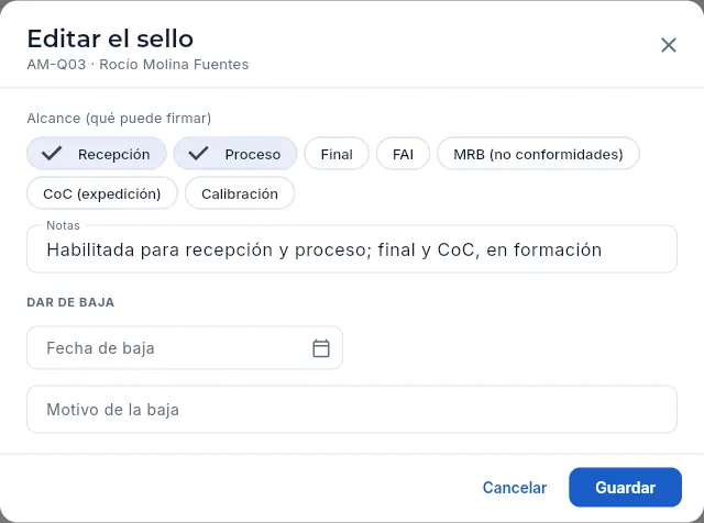 El sello AM-Q03 de Rocío Molina: su alcance y la baja (sin guardar).